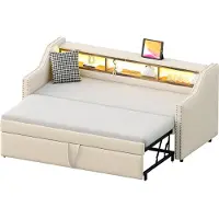 Merax Gestoffeerd Bed met Uitrolbaar Logeerbed - USB-aansluiting - LED Verlichting en Opbergruimte - 90/180 x 190 cm - Beige
