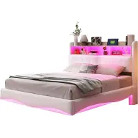 Merax Gestoffeerd Bed 140x200 cm - Beige - Met LED-Kleurverlichting - USB en Type-C Aansluitingen - Multifunctioneel Bed met Opbergruimte - Stijlvol Design