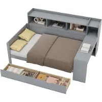 Merax Multifunctioneel Slaapbankbed 90x200 cm – Dagbed met USB-Aansluiting - Opbergruimte - 2 Lades en Bureau – Grijs