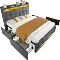 Merax Gestoffeerd Bed 140 x 200 cm met LED Verlichting - USB-aansluiting en Opbergruimte in Hoofdbord en Laden - Grijze Stof