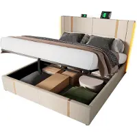 Merax Gestoffeerd Bed met USB Type-C - APP-Control LED en Hydraulische Opbergruimte – 160x200 cm - Beige Linnen (Zonder Matras)