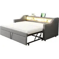 Merax Gestoffeerd Uitschuifbaar Logeerbed 90/180x190 cm met Opbergruimte - LED Verlichting - USB-aansluiting en Houten Lattenbodem - Lichtgrijs