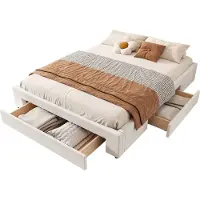 Merax Bed 160x200 cm met Opbergruimte - Bed Zonder Hoofdbord - 3 Schuifladen - Inclusief Lattenbodem - Beige