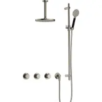 Hotbath Cobber X IBSX70 inbouw regendoucheset met ronde handdouche aan glijstang en 25cm ronde hoofddouche aan 15cm plafondarm geborsteld nikkel