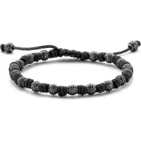 Frank 1967 - 7FB-0758 - zwart stalen kralenarmband heren met zwart koord - 19 + 4 + 4 cm