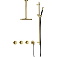 Hotbath Cobber IBS70 inbouw regendoucheset met staafhanddouche aan glijstang en 25cm ronde hoofddouche aan 30cm plafondarm geborsteld messing PVD