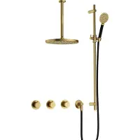 Hotbath Cobber IBS70 inbouw regendoucheset met ronde handdouche aan glijstang en 25cm ronde hoofddouche aan 30cm plafondarm geborsteld messing PVD