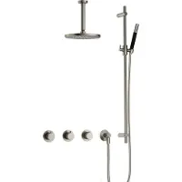 Hotbath Cobber IBS70 inbouw regendoucheset met staafhanddouche aan glijstang en 25cm ronde hoofddouche aan 15cm plafondarm geborsteld nikkel