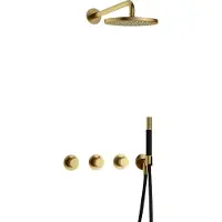Hotbath Cobber IBS70 inbouw regendoucheset met staafhanddouche aan houder en 25cm ronde hoofddouche aan 40cm wandarm geborsteld messing PVD