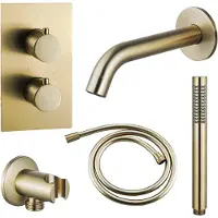 FortiFura Calvi Badkraan set - uitloop - 22cm inkortbaar - gladde slang - staafhanddouche - inbouwdeel - wandhouder - geborsteld messing SW720569/SW728176/SW721169/SW1122513/SW720570