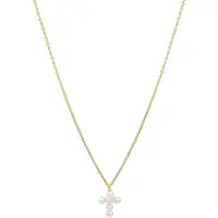 New Bling 9NBSAM-G190199 Gouden Ketting - Dames - Kruis - Parel - 9,5 x 7,3 mm - Ankerschakel - 38 + 2,5 + 2,5 cm - 14 Karaat - Goud