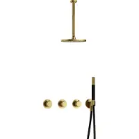 Hotbath Cobber X IBSX70 inbouw regendoucheset met staafhanddouche aan houder en 25cm ronde hoofddouche aan 30cm plafondarm geborsteld messing PVD
