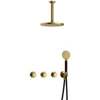 Hotbath Cobber X IBSX70 inbouw regendoucheset met ronde handdouche aan houder en 25cm ronde hoofddouche aan 15cm plafondarm geborsteld messing PVD