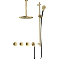 Hotbath Cobber X IBSX70 inbouw regendoucheset met ronde handdouche aan glijstang en 25cm ronde hoofddouche aan 30cm plafondarm geborsteld messing PVD