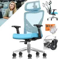 Kesser Bureaustoel | Ergonomische Bureaustoelen voor Volwassenen | verstelbare rugleuning | in hoogte verstelbaar | Hoofdsteun & Lendensteun | office Chair met 5x rubberen wielen - Blauw / Zilver