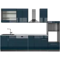 Vicco Complete keukeneenheid Fame-Line Donkerblauw hoogglans/antraciet 300 cm met hoge kast, WB Marmer, Model 49725