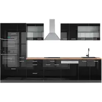 Vicco Keukenblok R-Line Hoogglans zwart/antraciet 350 cm met hoge kast, WB Eik, Model 49830