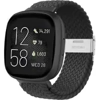 Strap-it Smartwatch bandje - Verstelbaar gevlochten nylon bandje - geschikt voor Fitbit Versa 3 / Fitbit Sense - zwart