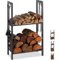 Relaxdays brandhout rek - 2 planken - staal - 4 haken voor haardbestek - haardhout - antraciet