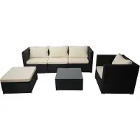 Mendler Polyrotan-set Brescia, tuinset zitgroep bank loungeset ~ zwart, kussens crème