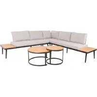 Mendler Tuinset -H54c, loungeset, bijzettafel Spun Poly Acaciahout Staal ~ lichtbruin, kussens lichtgrijs
