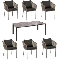 Mendler Tuinset -N41, tafel + 6 stoelen, weerbestendig aluminium 180 x 80 cm, touwvlechtwerk ~ grijs, kussens donkergrijs
