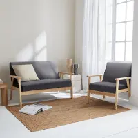 Sweeek Tweezits bankje en fauteuil van hout met stoffen zitting Donkergrijs