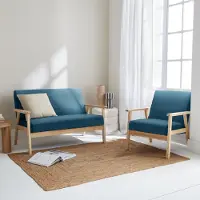 Sweeek Tweezits bankje en fauteuil van hout met stoffen zitting Smaragdblauw