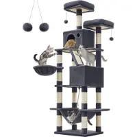 Feandrea Krabpaal groot, 206 cm hoog, XXL kattenboom, met 13 krabzuilen, 2 platforms, 2 holten, mand, hangmat, pluche ballen, meerlaagse kattenkrabpaal, rookgrijs