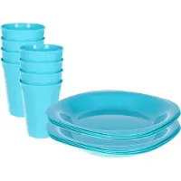 PlasticForte Verjaardag/kinder/camping borden/beker set - 16x stuks - blauw - kunststof - onbreekbaar