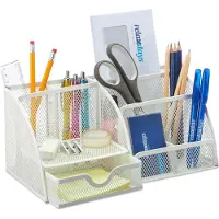 Relaxdays pennenbak metaal - met lade - 13 x 28 x 14 cm - bureau organizer - wit