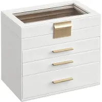 Songmics Sieradendoos 4 niveaus met glazen deksel en 3 lades, Wolk wit + goudkleurig