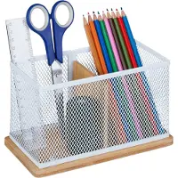 Relaxdays pennenbak bamboe - metaal - klein - 2 vakken - bureau organizer - natuur-wit