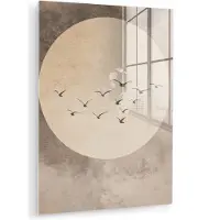 MuchoWow Glasschilderij 90x120 cm - Schilderij acrylglas - Vogel - Beige - Japandi - Foto op glas - Muurdecoratie woonkamer - Wanddecoratie slaapkamer - Schilderijen