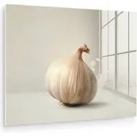MuchoWow Glasschilderij 40x30 cm - Schilderij acrylglas - Knoflook - Natuurlijk - Beige - Foto op glas - Muurdecoratie woonkamer - Wanddecoratie slaapkamer - Schilderijen