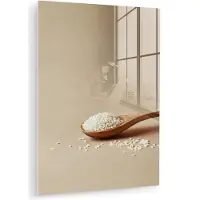 MuchoWow Glasschilderij 30x40 cm - Schilderij acrylglas - Lepel - Rijst - Hout - Beige - Foto op glas - Muurdecoratie woonkamer - Wanddecoratie slaapkamer - Schilderijen