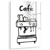 MuchoWow Glasschilderij 30x40 cm - Schilderij acrylglas - Illustratie - Café - Koffiemachine - Kopjes - Foto op glas - Muurdecoratie woonkamer - Wanddecoratie slaapkamer - Schilderijen