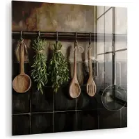 MuchoWow Glasschilderij 90x90 cm - Schilderij acrylglas - Keukengerei - Rustiek - Tegels - Kruiden - Foto op glas - Muurdecoratie woonkamer - Wanddecoratie slaapkamer - Schilderijen