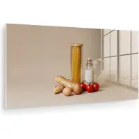 MuchoWow Glasschilderij 160x80 cm - Schilderij acrylglas - Spaghetti - Melk - Tomaten - Eieren - Brood - Foto op glas - Muurdecoratie woonkamer - Wanddecoratie slaapkamer - Schilderijen