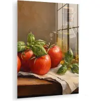 MuchoWow Glasschilderij 90x120 cm - Schilderij acrylglas - Tomaten - Olijfolie - Stilleven - Foto op glas - Muurdecoratie woonkamer - Wanddecoratie slaapkamer - Schilderijen