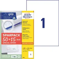 Avery 6603 Universele etiketten 210 x 297 mm Papier Wit 65 stuk(s) Permanent hechtend Laser (kleur), Laser (zwart/wit)