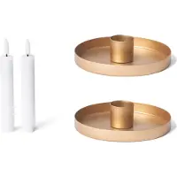 Novaliv set van 2 kaarsenhouders 14 cm metalen ronde tafelkaarsen mat gouden kaarsenhouder met echte wax LED-kaars premium flikkerend effect kerstdecoratie kaarsenhouder kerst scandinavisch chic