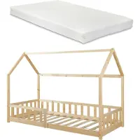 En.casa Kindercamabed "Hesel" met matras, valbeveiliging en lattenbodem, afmetingen 90 x 200 cm, houtlook