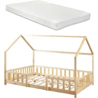 En.casa Kinderbed "Sisimiut" met huiselijke uitstraling, inclusief matras en valbeveiliging. Gemaakt van grenenhout, afmetingen 140 x 200 cm, in natuurlijke houtkleur