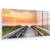 MuchoWow - Glasschilderij - Foto op glas - Strand - Vogels - Zonsondergang - Duin - Acrylplaat - Wanddecoratie - Schilderij glas - Glasschilderij strand - Acrylglas - 40x20 cm - Schilderijen woonkamer