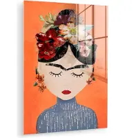 MuchoWow Glasschilderij 120x160 cm - Schilderij acrylglas - Portret - Frida Kahlo - Oranje - Vrouw - Bloemen - Foto op glas - Muurdecoratie woonkamer - Wanddecoratie slaapkamer - Schilderijen