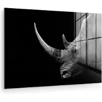 MuchoWow - Glasschilderij - Foto op glas - Acrylglas - Wilde dieren - Neushoorn - Natuur - Gras - 120x80 cm - Glasschilderij dieren - Schilderij glas - Wanddecoratie glas - Schilderijen woonkamer