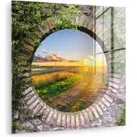 MuchoWow Glasschilderij 20x20 cm - Schilderij acrylglas - Platteland - Doorkijk - Zon - Foto op glas - Muurdecoratie woonkamer - Wanddecoratie slaapkamer - Schilderijen