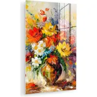MuchoWow Glasschilderij 80x120 cm - Schilderij acrylglas - Bloemen - Kleurrijk - Olieverf - Bloempot - Foto op glas - Muurdecoratie woonkamer - Wanddecoratie slaapkamer - Schilderijen