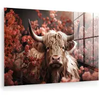 MuchoWow Glasschilderij 60x40 cm - Schilderij acrylglas - Schotse hooglander - Dier - Natuur - Bloemen - Botanisch - Foto op glas - Muurdecoratie woonkamer - Wanddecoratie slaapkamer - Schilderijen